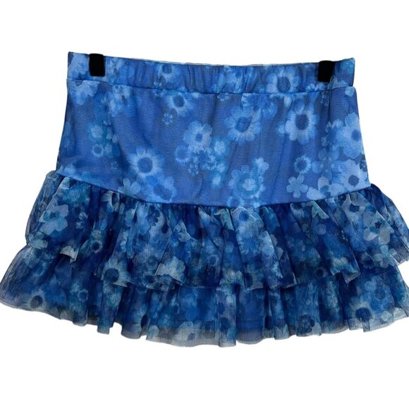 Justice Girls Blue Floral Tiered Mesh Skort Ruffle Pull-On Size 14 - Picture 2 of 9